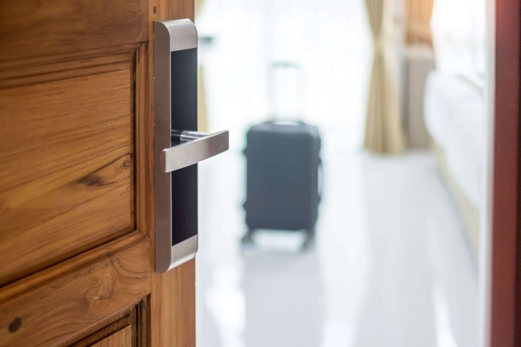 Door with a keyless door lock being opened